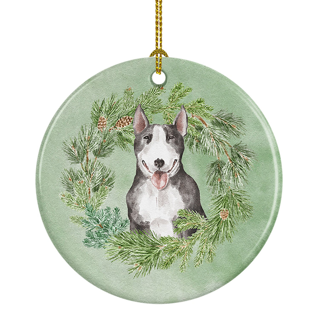 Bull Terrier Black and White Christmas Wreath Ceramic Ornament