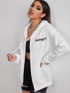 Ladies Zipper Cardigan with Simple Letter Printing