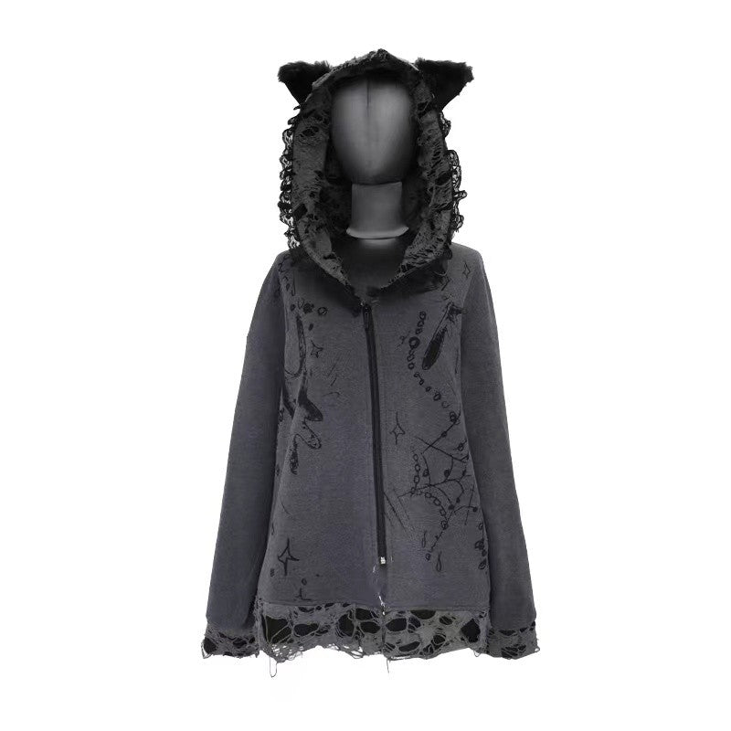 Original Dark Cat Ear Distressed Hoodie for Women