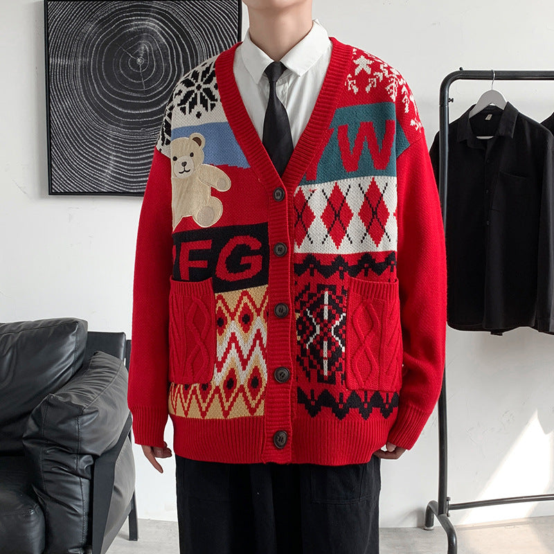 Jacquard Bear Couple V-neck Cardigan Sweater