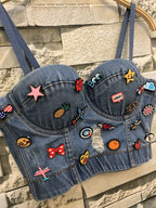 Modern Women's Denim Crop Top with Embellished Vest