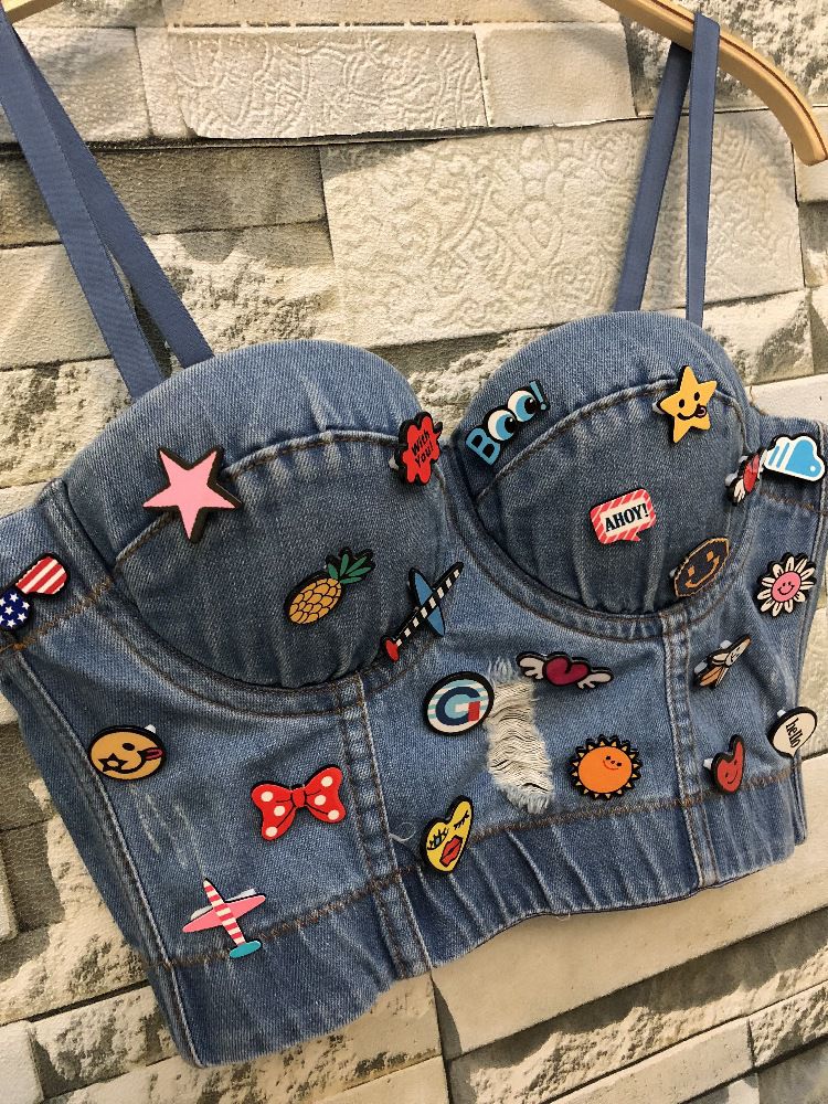 Modern Women's Denim Crop Top with Embellished Vest