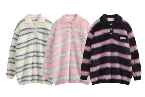 Contrast Striped Plush Long Sleeve Lapel Pullover Sweater