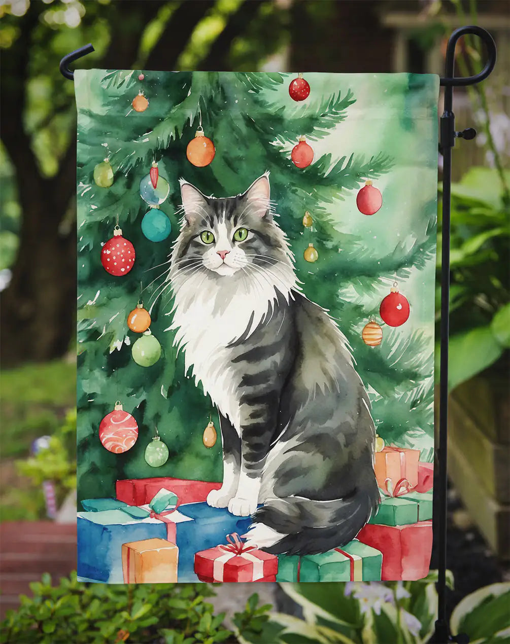 Norwegian Forest Cat By the Christmas Tree Garden Flag