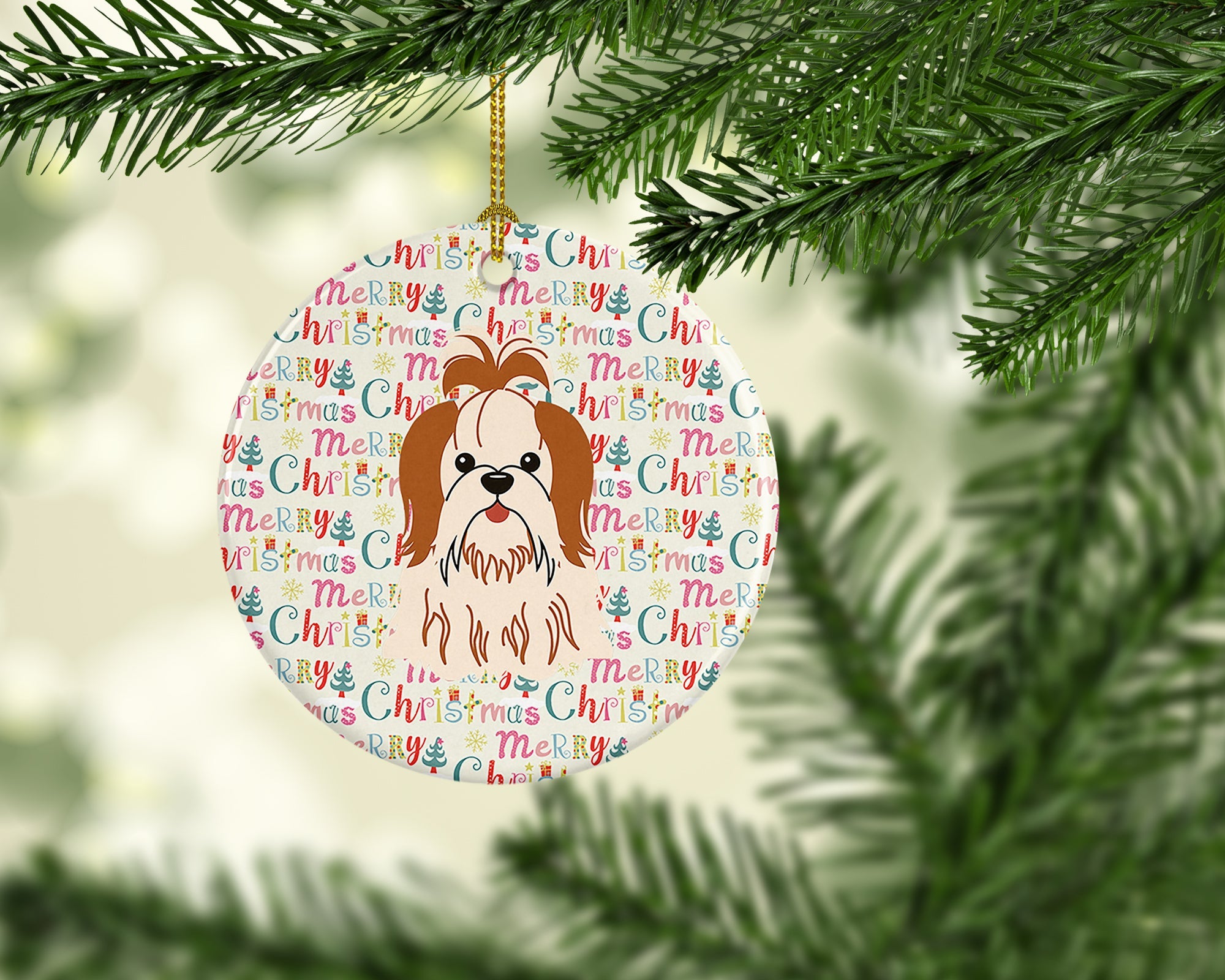 Merry Christmas Shih Tzu Red White Ceramic Ornament