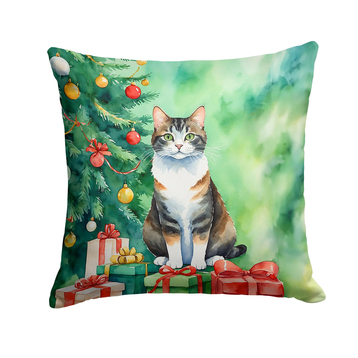 Manx Cat By the Christmas Tree Throw Pillow