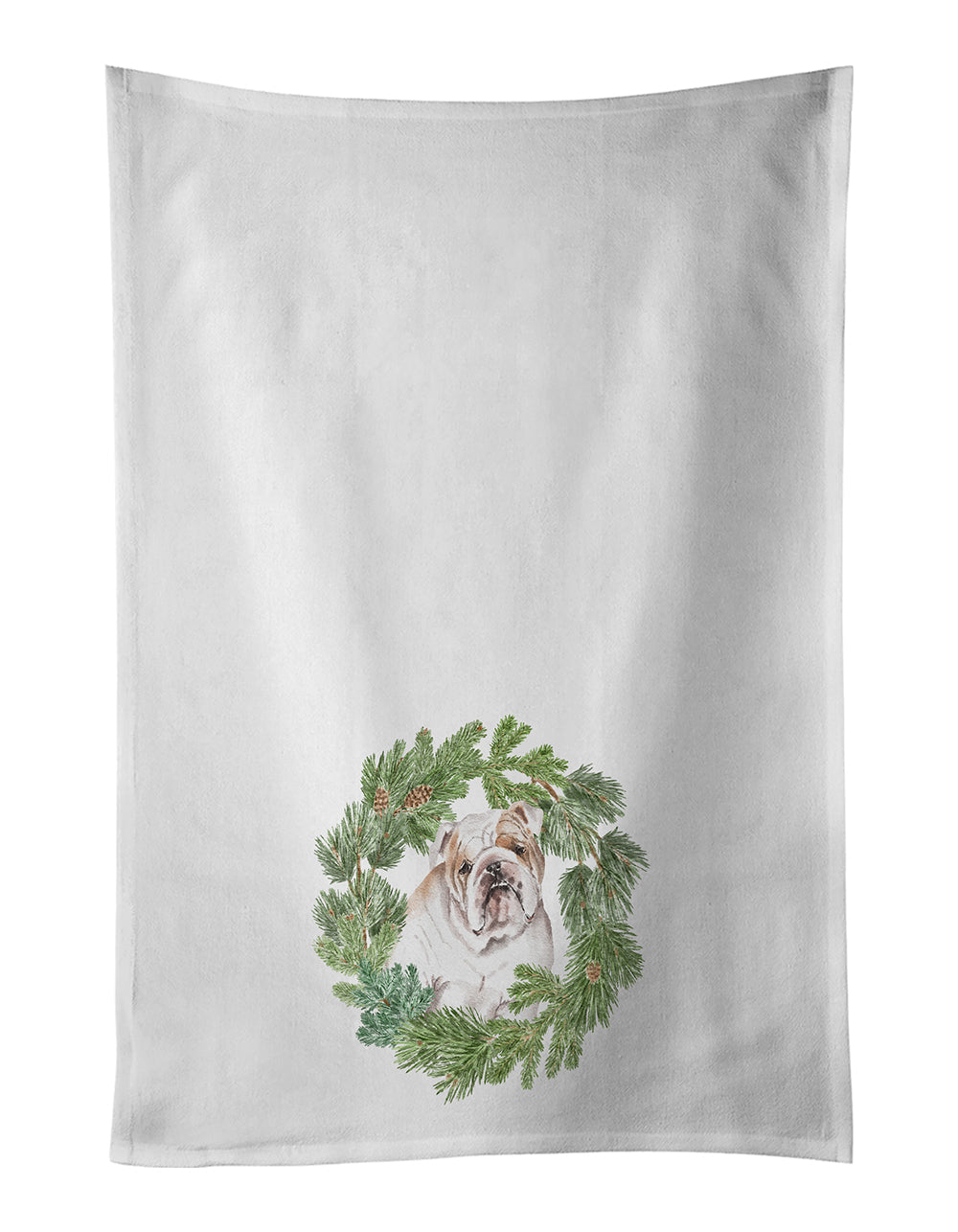 Bulldog Fawn Head Tilt Christmas Wreath Kitchen Towel Set of 2
