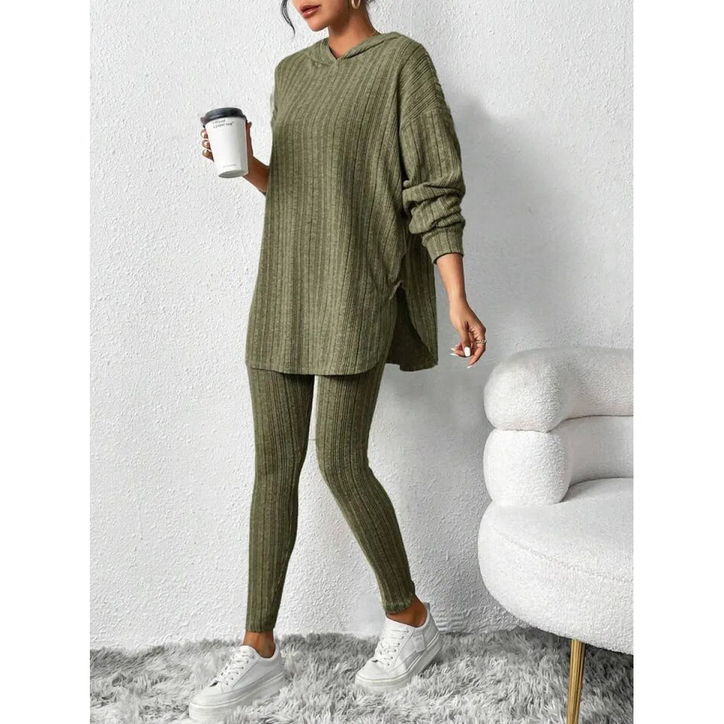 Autumn Solid Stripe Loose Hoodie Set