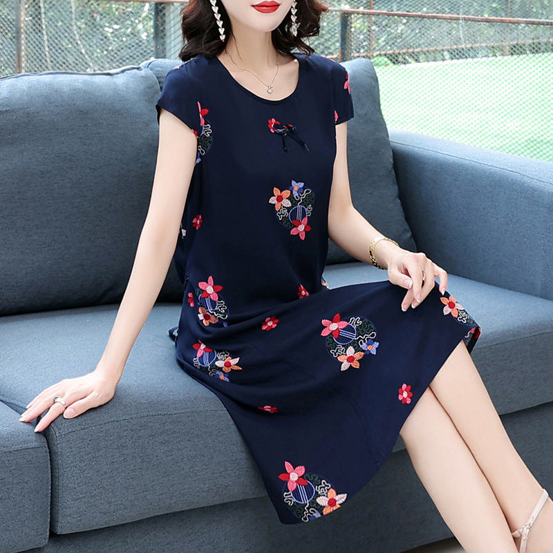2024 Floral Dress for Middle-Aged Women in Cotton Blend