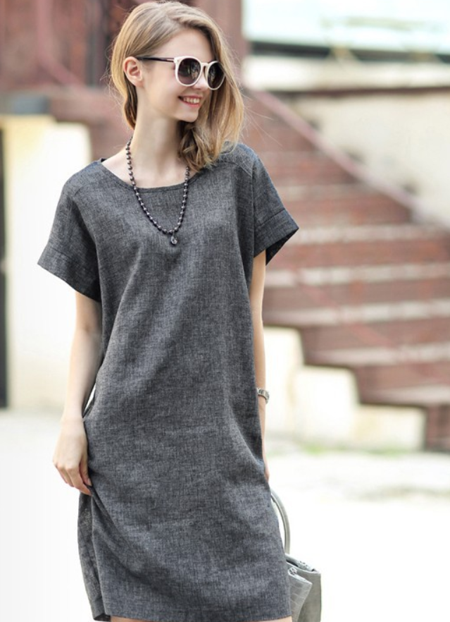 Summer Plus Size Linen Dress for Women with Short Sleeves