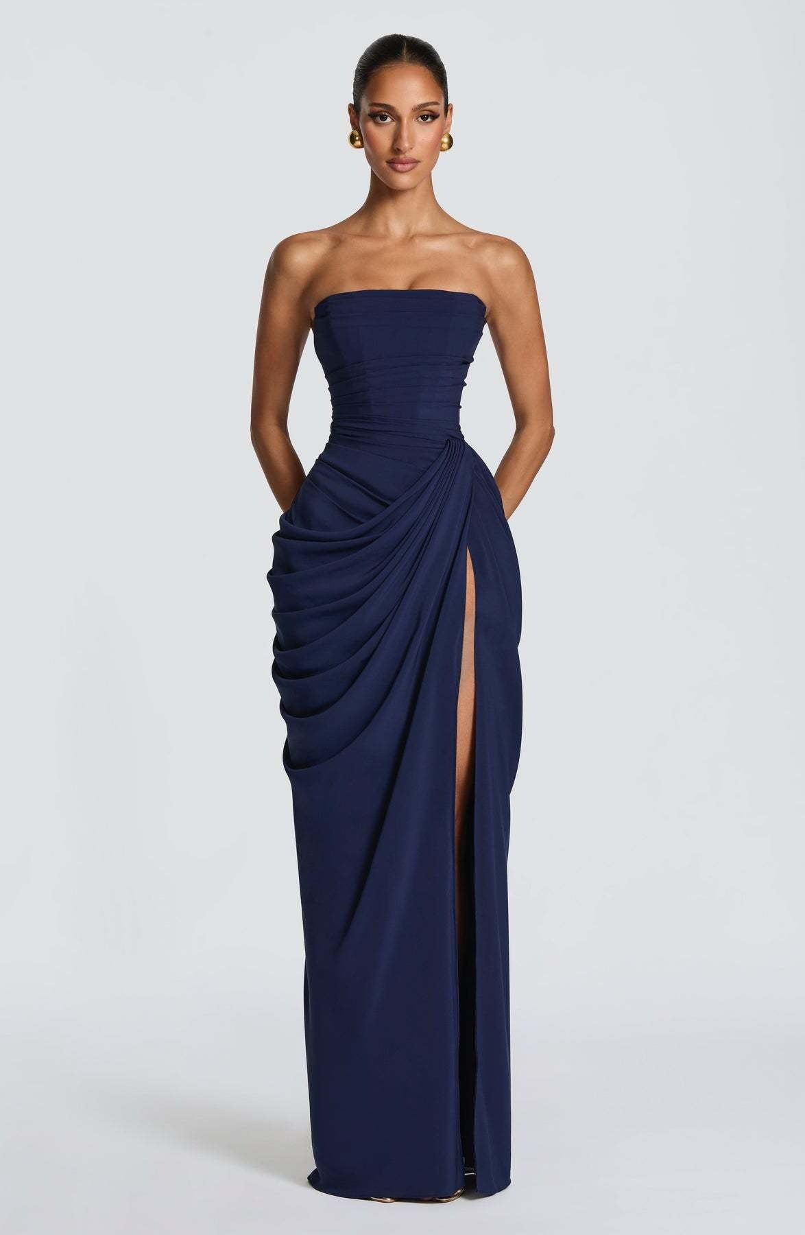 Tube Top Pleated Slit Dress