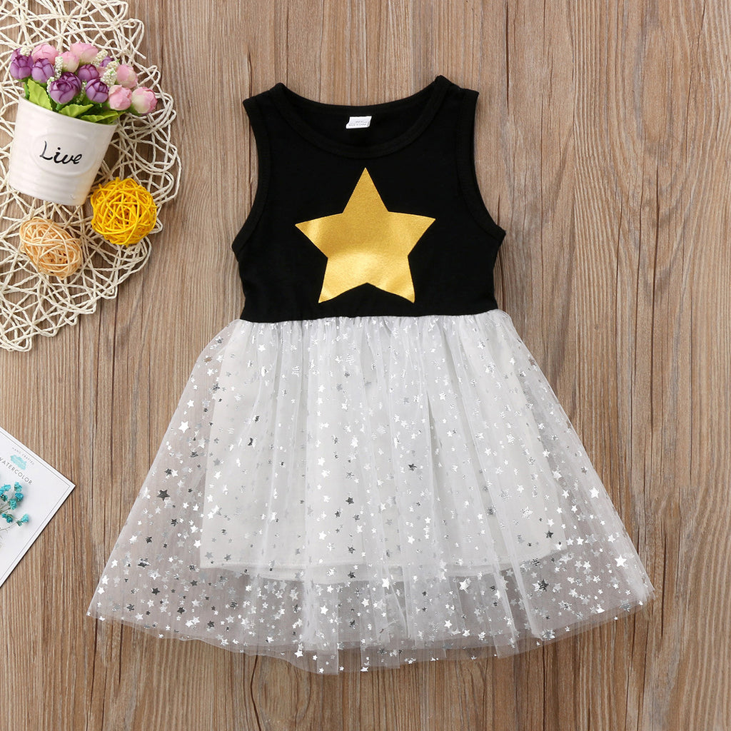 Summer Star Print Sleeveless Girls Black Gauze Dress