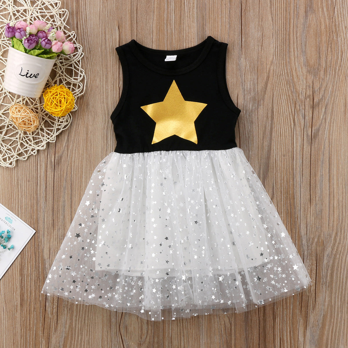 Summer Star Print Sleeveless Girls Black Gauze Dress