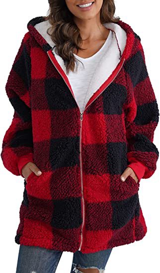 Plush Long-Sleeved Plaid Women's Coat (Europe & America)