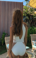 White Mesh Panel High-Neck One-Piece Swimsuit