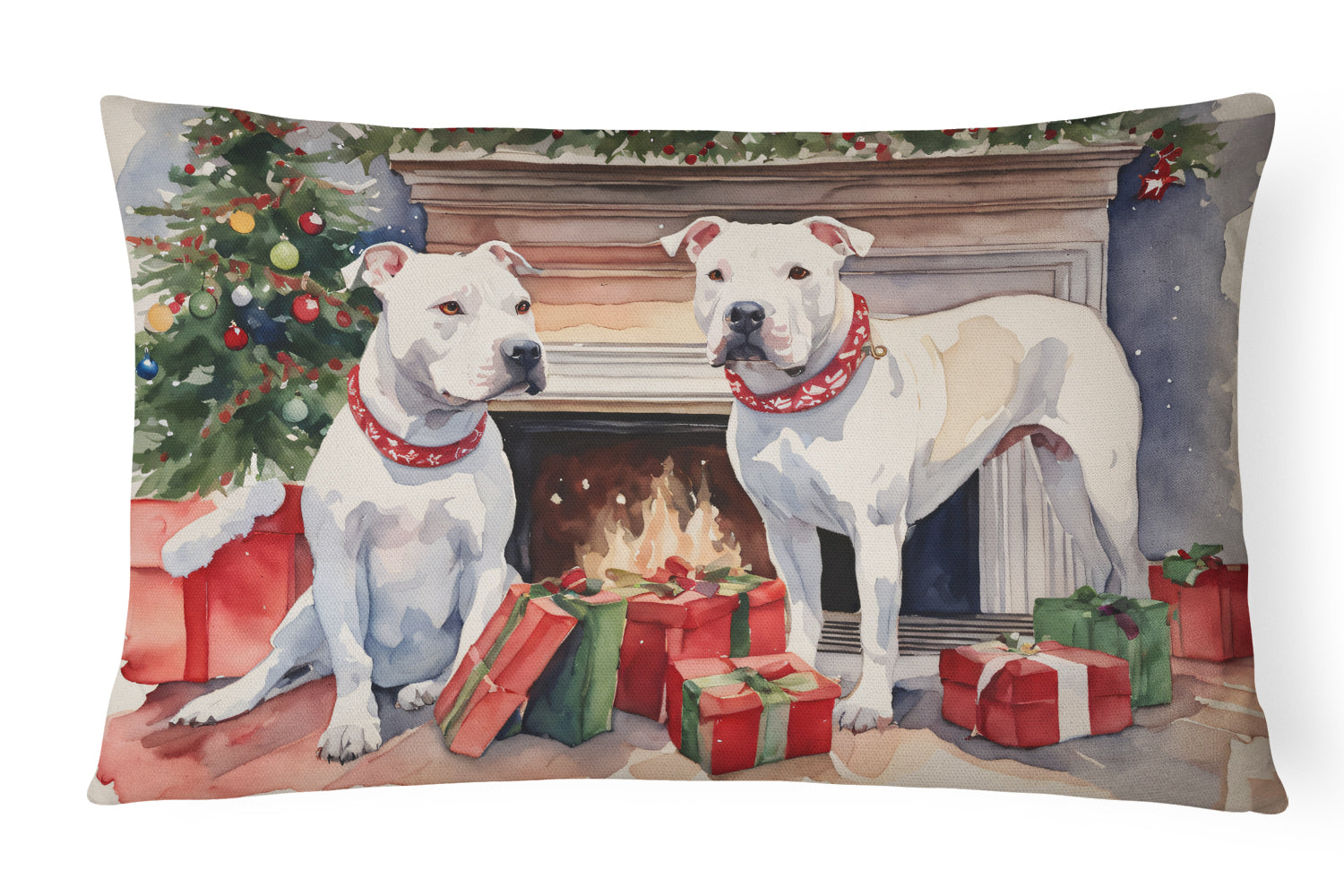 White Pit Bull Terrier Christmas Throw Pillow
