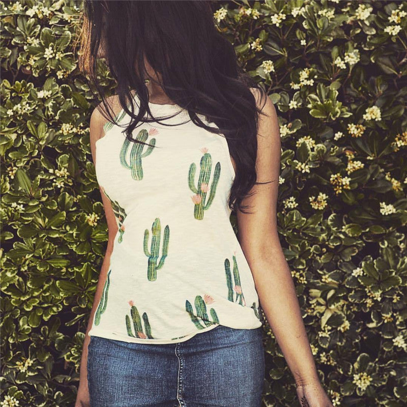 Fashionable Sleeveless Round Neck Cactus Print Tank Top