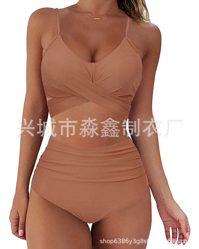 Cross Waist High Waist Leopard Print Bikini Set for Women