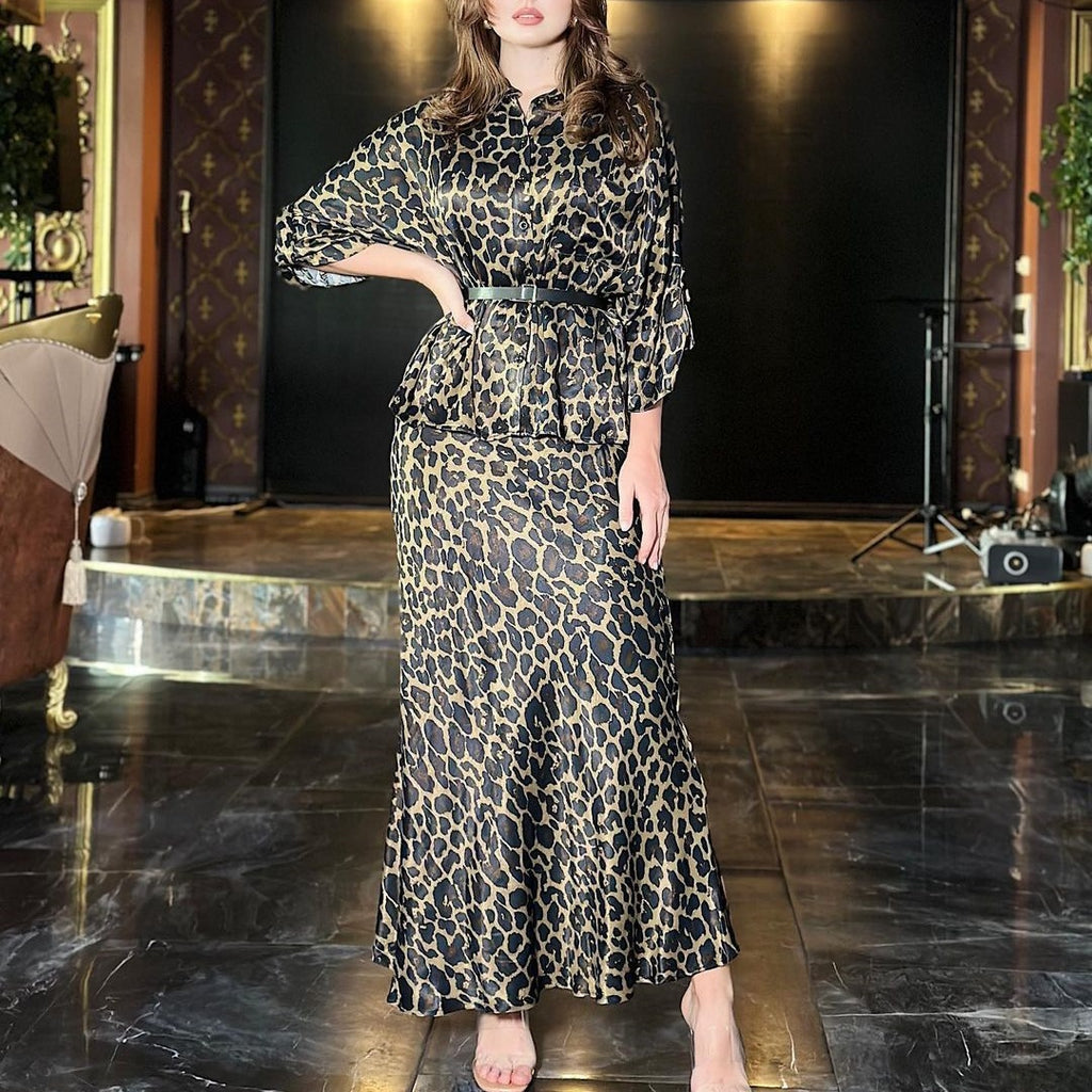 Shiny Suede Leopard Print Lace-up Trench Coat