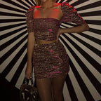 Shiny Crop Top and Skirt Set for Night Out