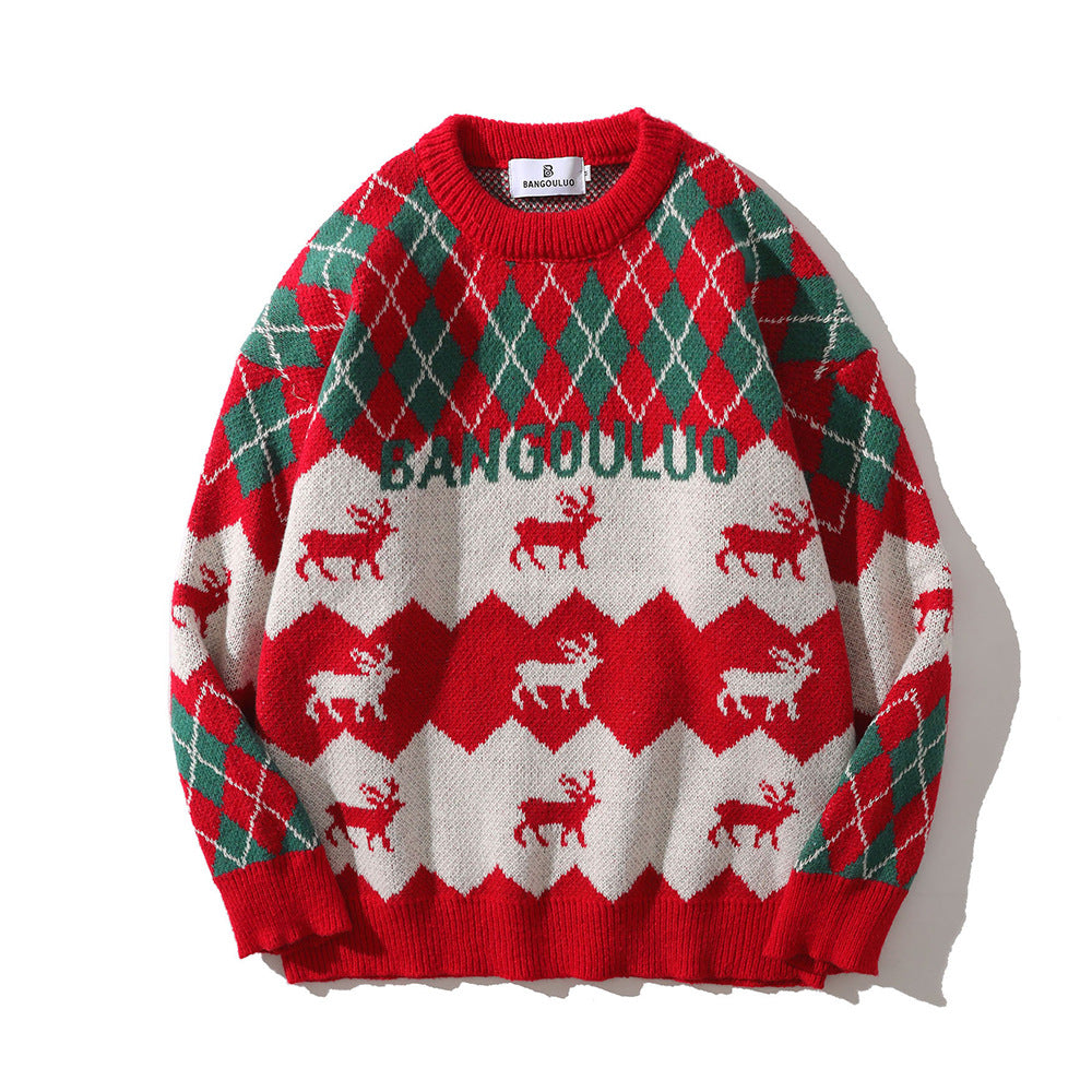 Long Sleeve Knitted Sweater with Plaid Deer Design