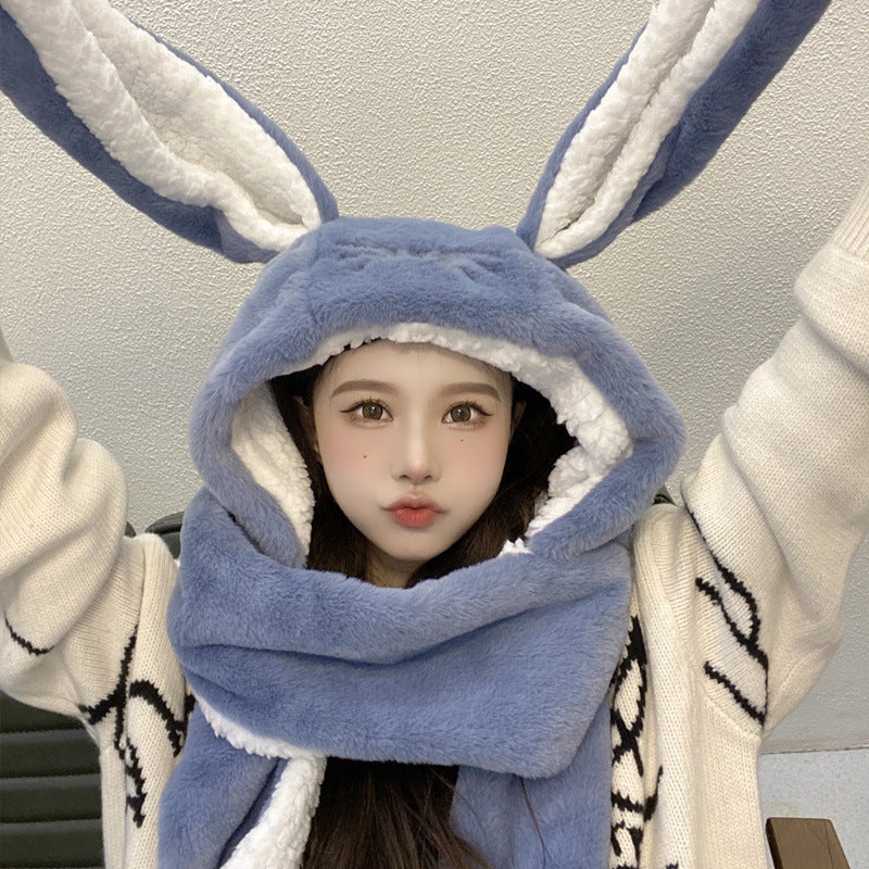 Warm Fleece-lined Hat and Scarf with Rabbit Ears | Embroidered Cap