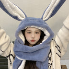 Warm Fleece-lined Hat and Scarf with Rabbit Ears | Embroidered Cap