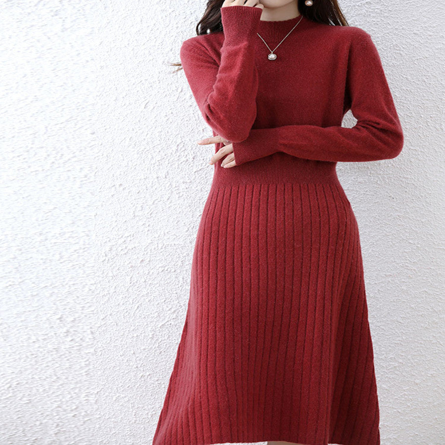 Women's A-Line Mid-Length Pure Wool Dress for Autumn/Winter