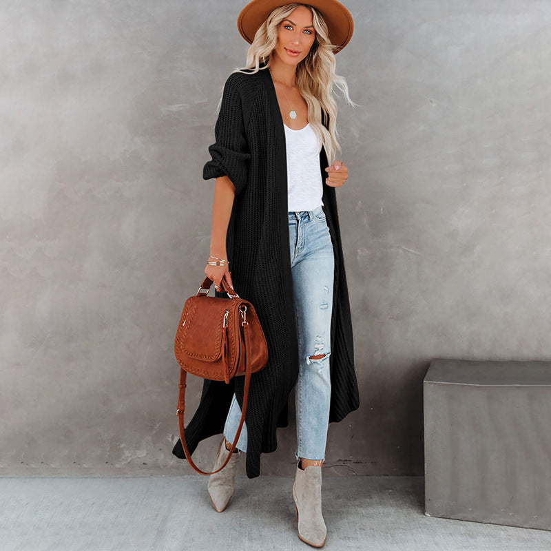 Knitted Split Long Simple Cardigan Sweater Coat