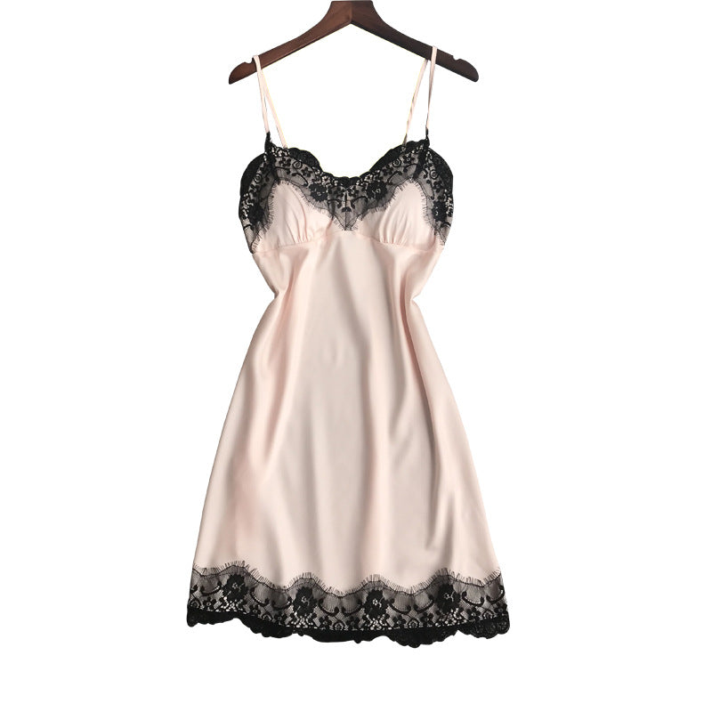 Silk Lace Trim V-Neck Nightgown with Cups (Summer)