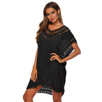 Solid Color V-Neck Crochet Beach Cover-Up Dress A1965