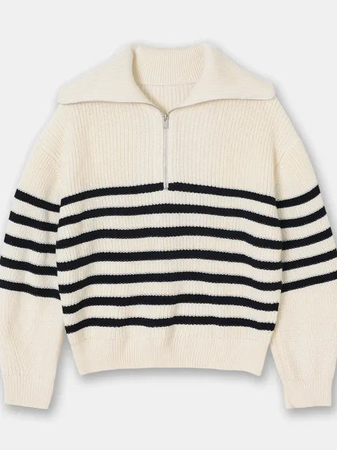 Women's Striped Turtleneck Pullover with Half Zipper | Streetwear