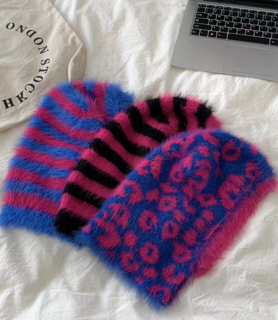 Striped Furry Color Contrast Knitted Wool Cap | Embroidered Cap