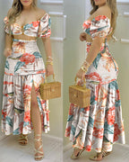 Floral Print Crop Top and High Waist Maxi Skirt Set