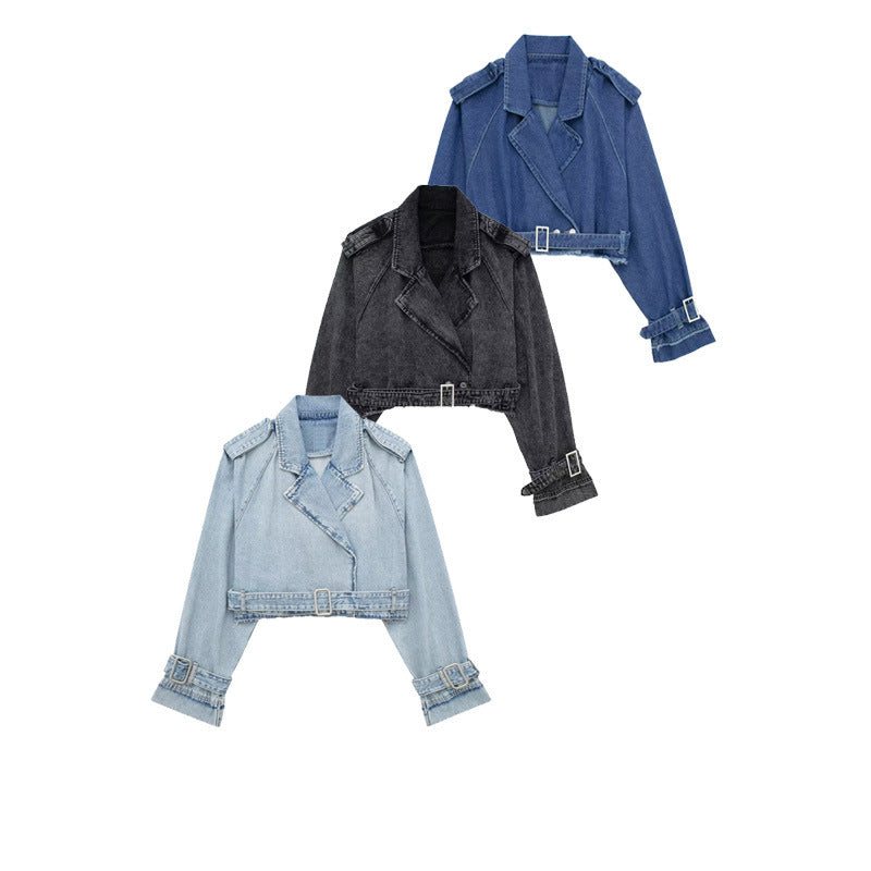 French Style Slim-Fit Denim Windbreaker Blouse with Belt