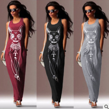 Gray Long Sleeveless Dress with Cat Print Design