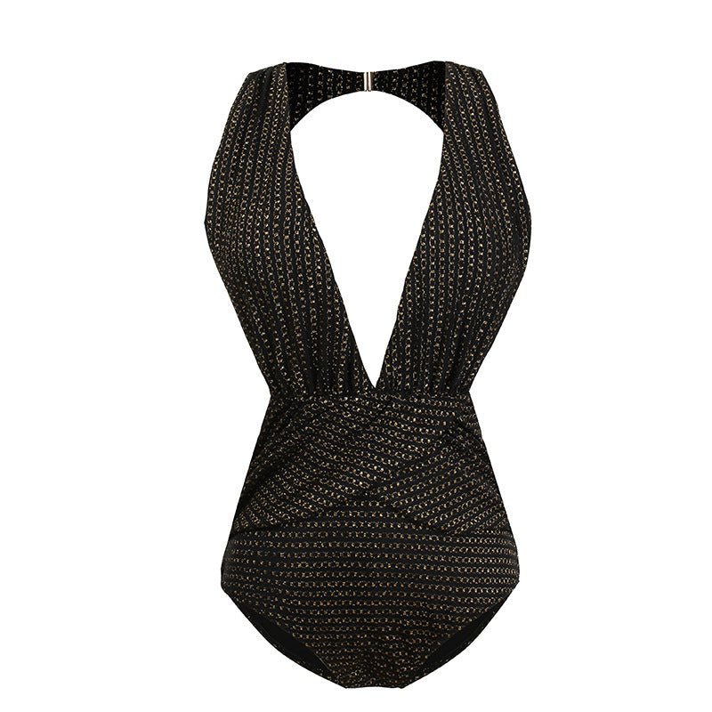 Women's Metallic Deep-V Open-Back One-Piece Swimsuit