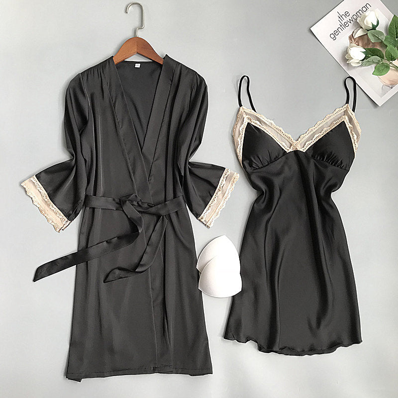 Lace Trimmed Long Sleeve Robe & Camisole Set