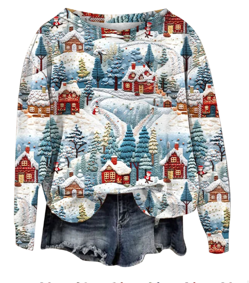 3D Digital Print Christmas Round Neck Top for Winter