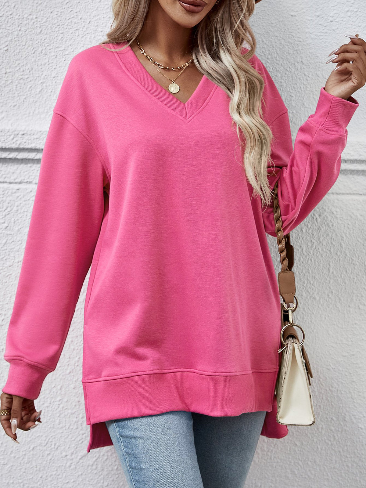 V-neck Split Front Long Back Sweater in Solid Color