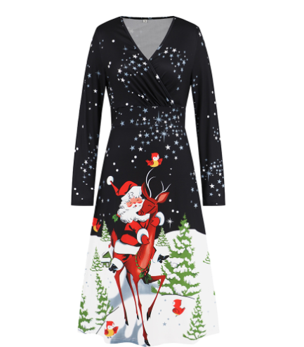Women's Long Sleeve Christmas V-neck Printed Dress