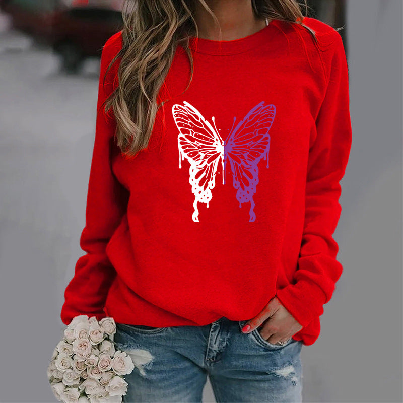 Colorful Butterfly Print Round Neck Sports Sweater