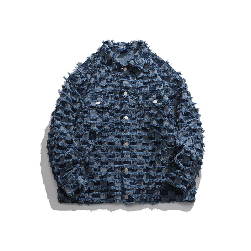 Checkerboard Denim Shearling Lapel Jacket