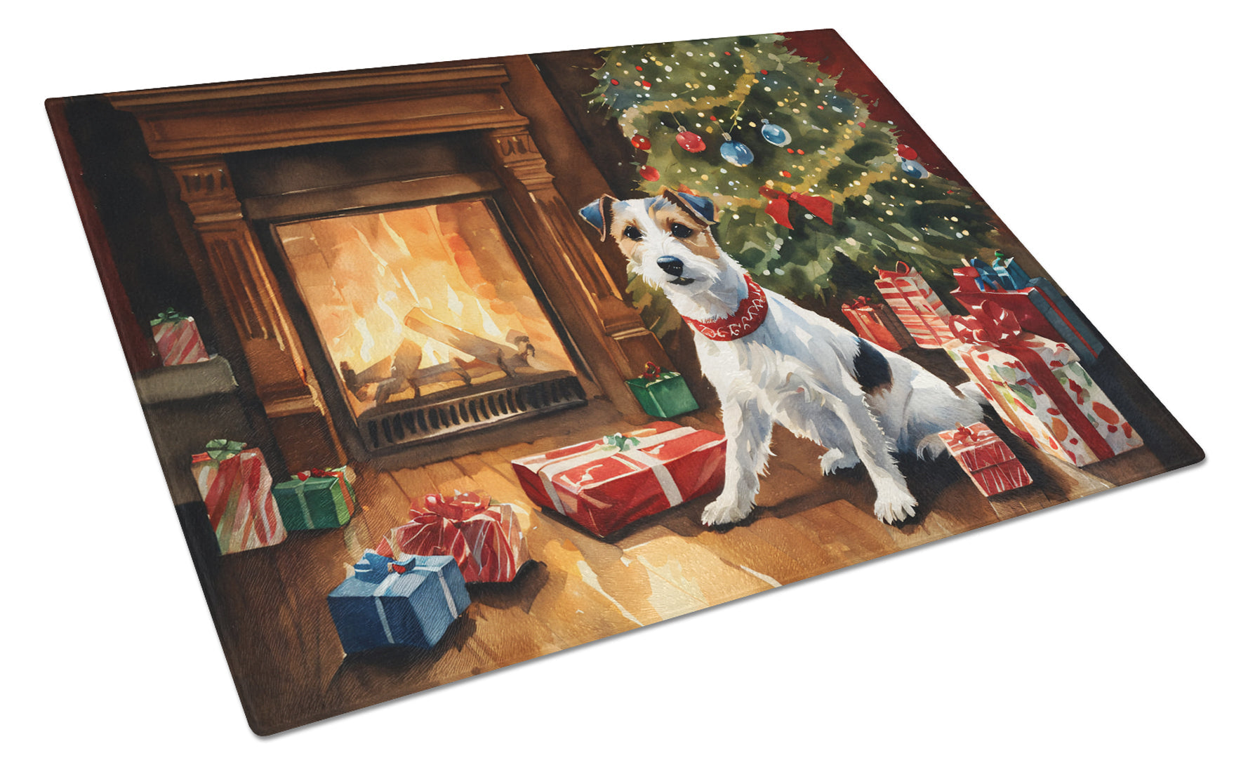 Jack Russell Terrier Cozy Christmas Glass Cutting Board