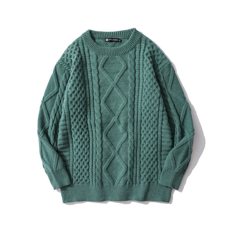Japanese Retro Rhombus Twist Round Neck Sweater