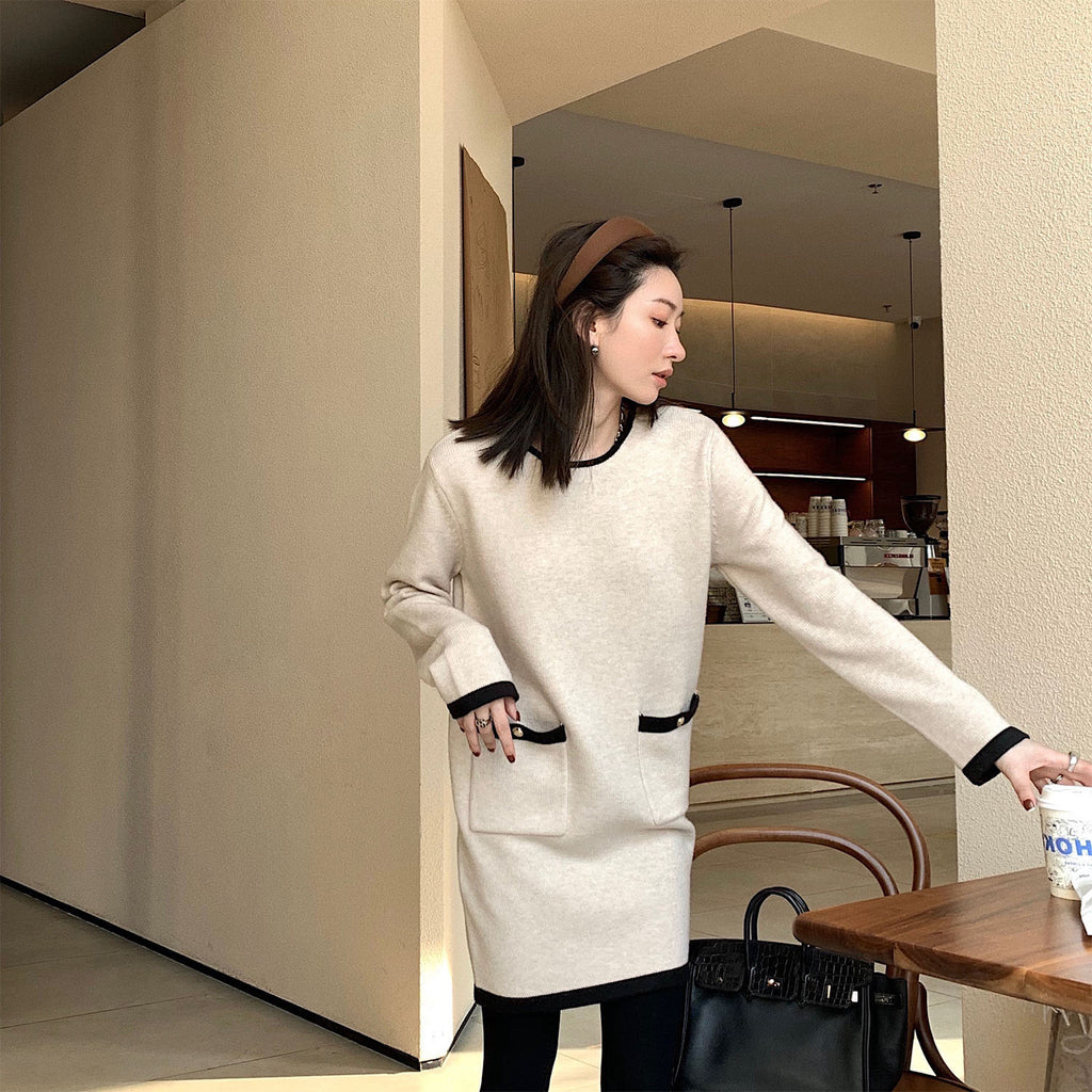 Long-sleeved Black Knitted Dress with Matching Coat