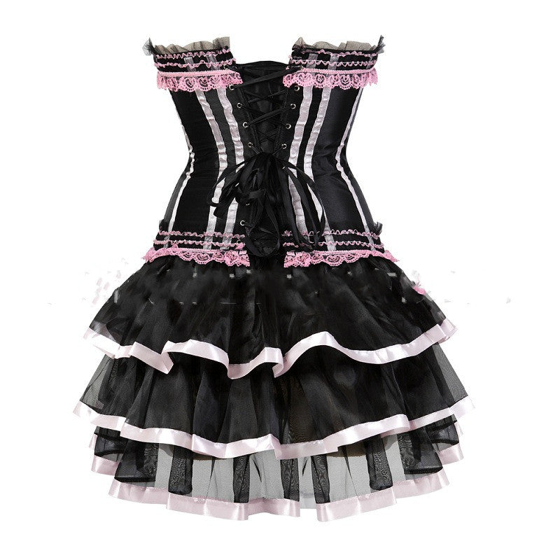 Striped Body Shaping Lingerie Set with Lace Skirt
