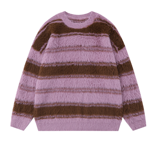 Men's American Style Striped Round Neck Sweater with Fleece