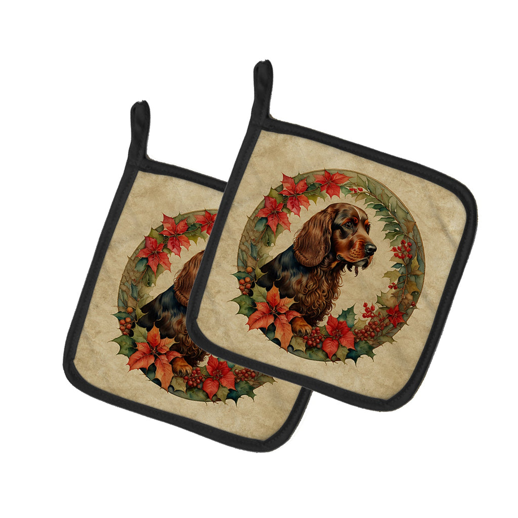 Field Spaniel Christmas Flowers Pair of Pot Holders