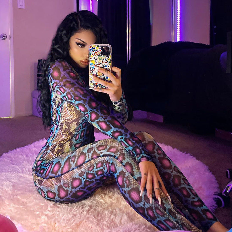 Summer Snake Print Long Sleeve Bodysuit Jumpsuit